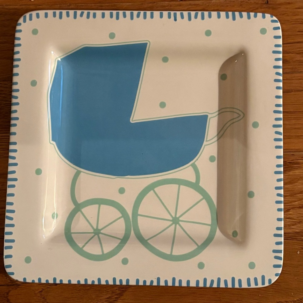 Coton Colors Blue Baby Carriage Square Plate, NWOT